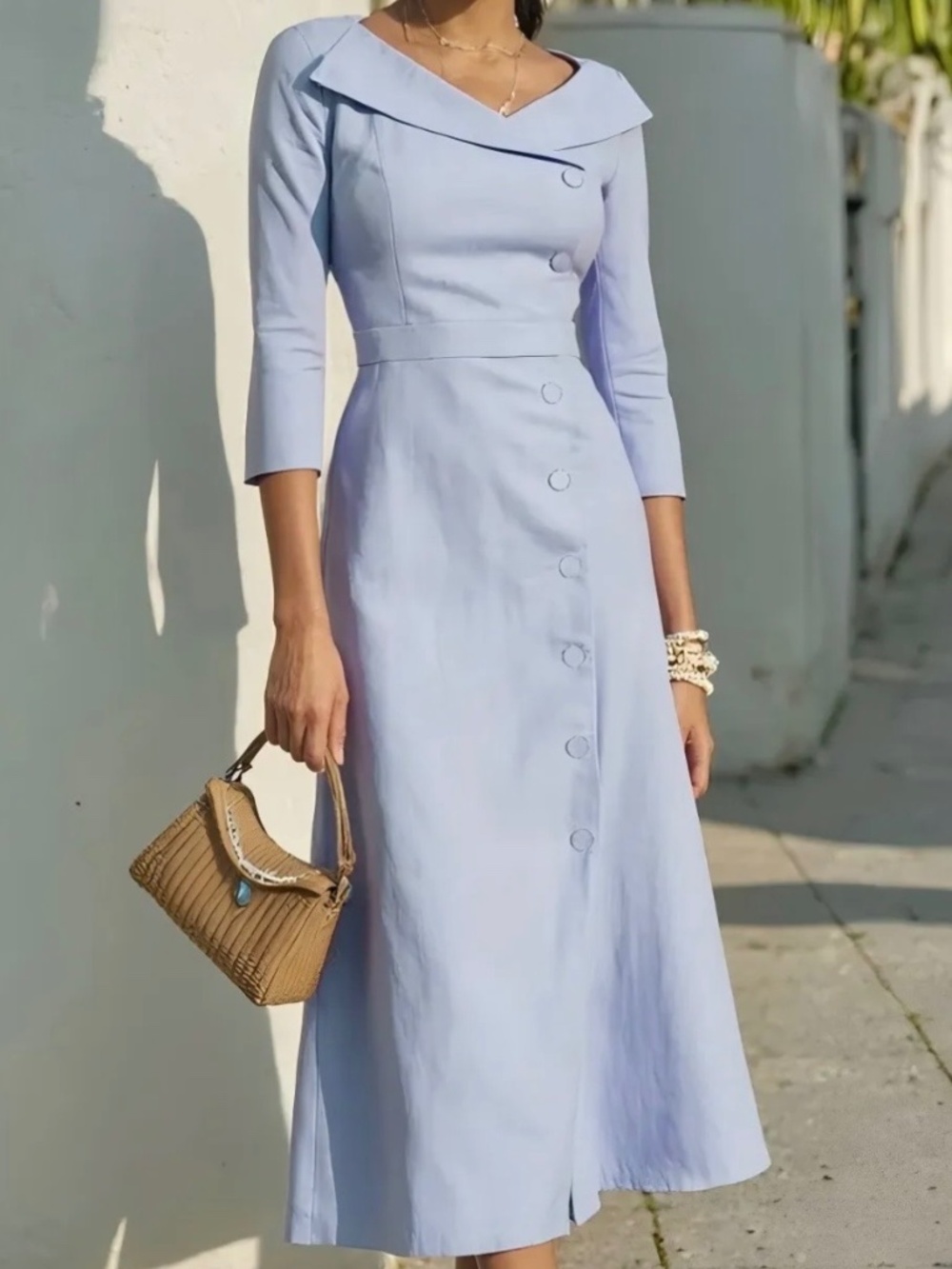 CHILLINEN - MIDI Linen Dress, Shawl Collar, Button Design, French Vintage